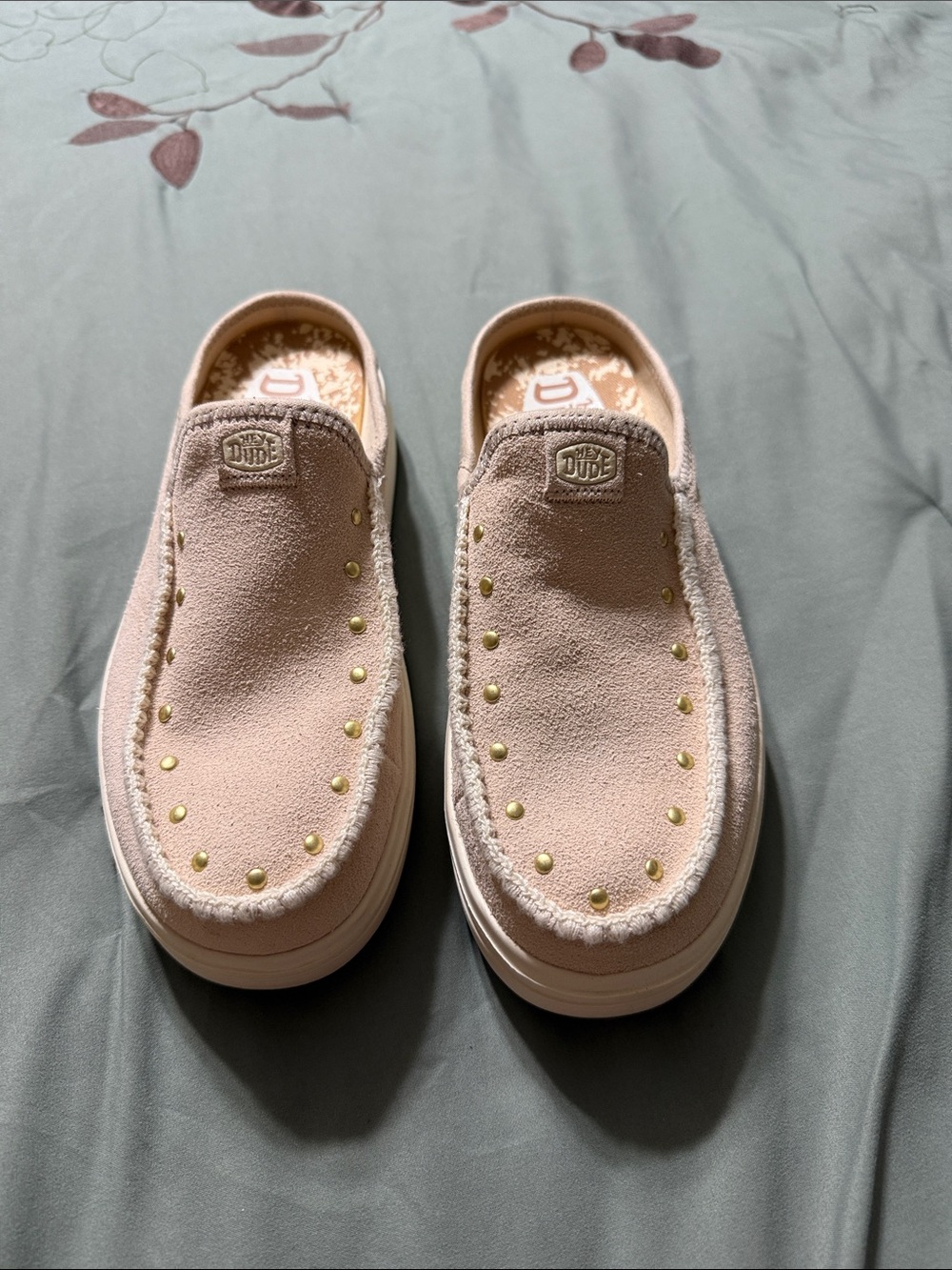 NWOT- Hey Dude Austin Lift Western Pink Suede Slip-On Mules with Gold Studs